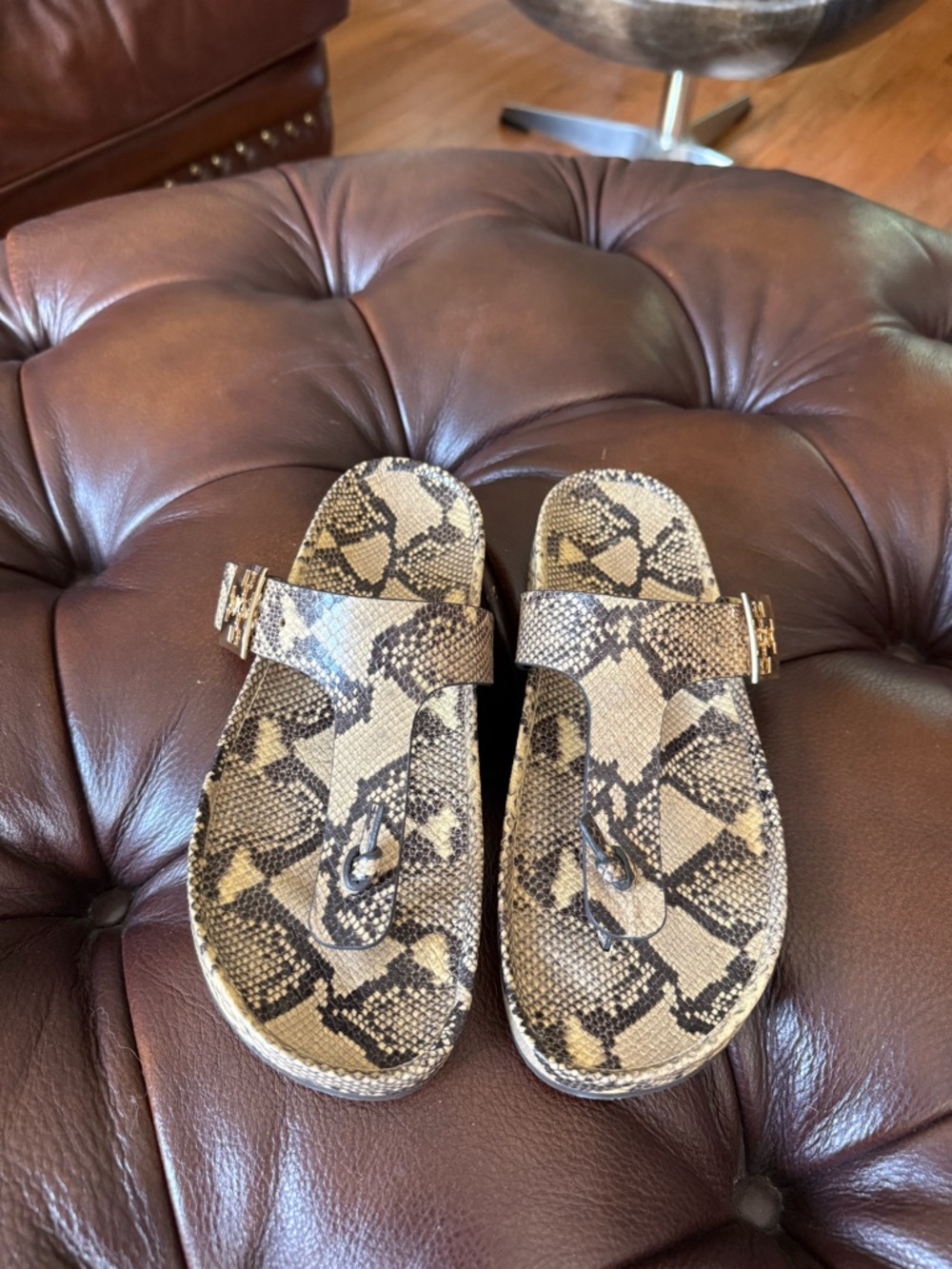 Tory Burch Beige and Brown Snake-Print Leather Sandals-never worn
